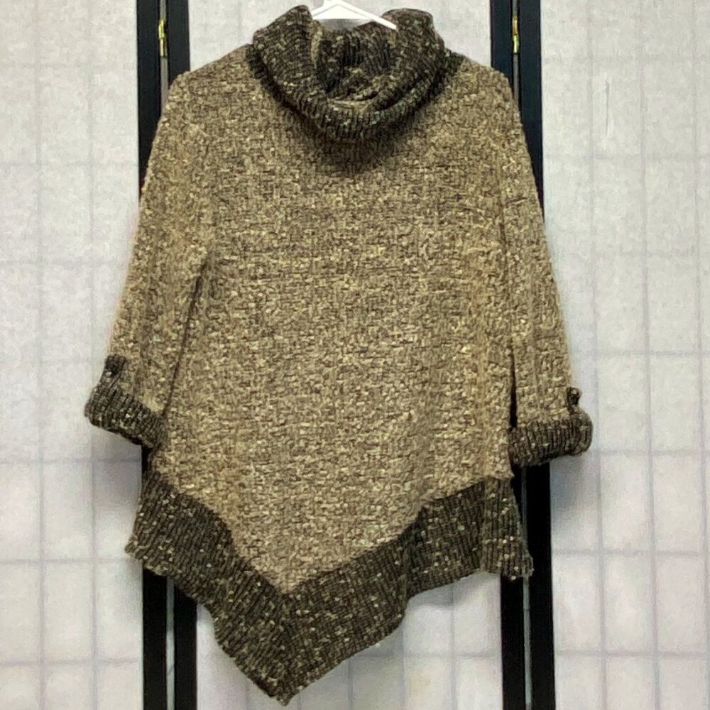 SJS Boucle Knit Cowl Neck Sweater L Black Tan Asymmetrical Roll Sleeve Cozy Chic